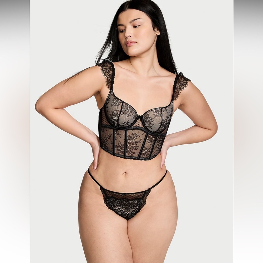 Victorias Secret Dream Angels Lace Cap-Sleeve Corset Top Black Purest Pink Small - Picture 8 of 10